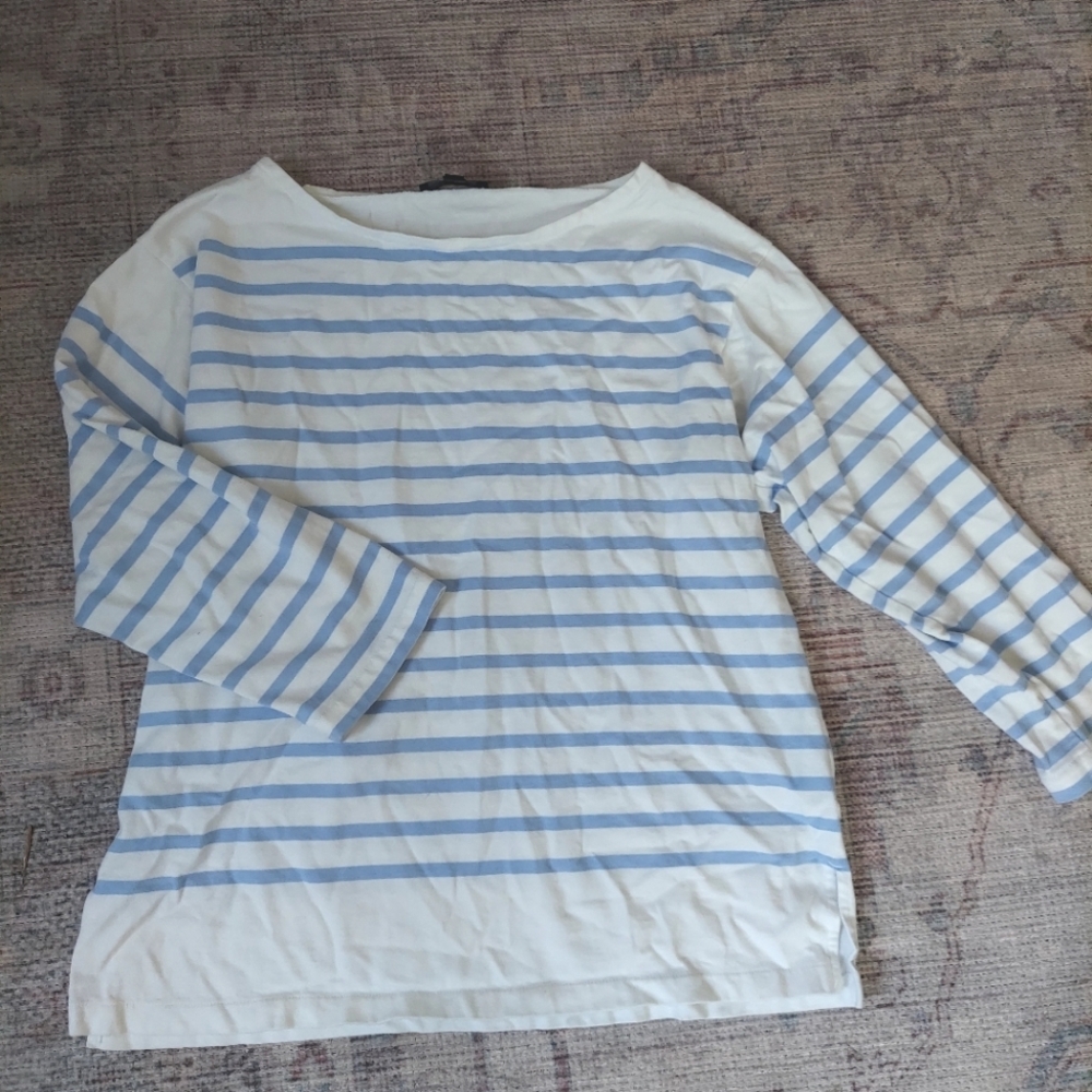 J Crew Blue White Striped Mariner Boatneck 3/4 Sleeve Tee Small